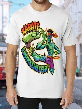 Karate Frankenstein Graphic Tee - White with Neon Green & Purple Print